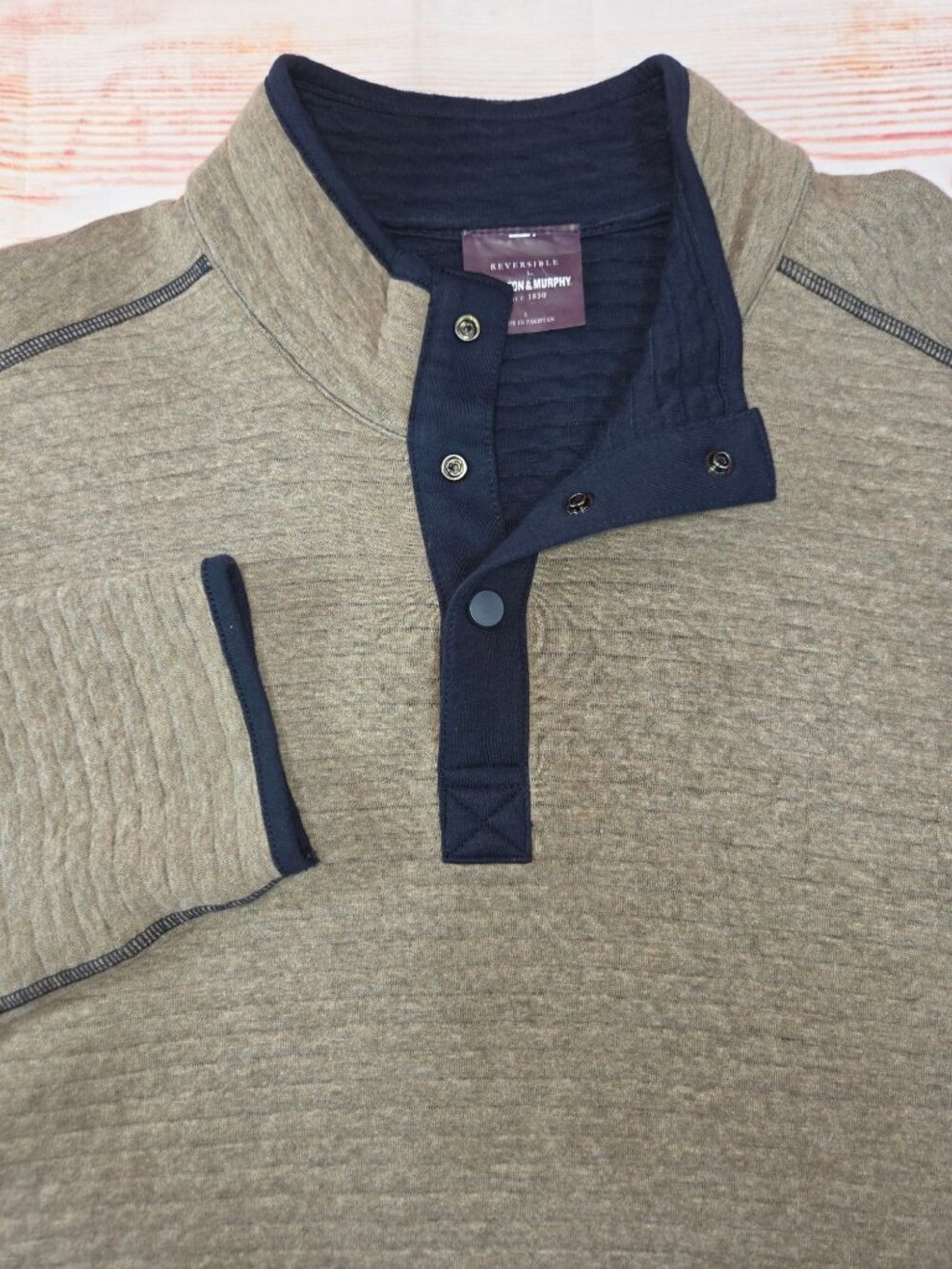 Johnston & Murphy Reversible Quarter Snap Pullover Size Large Ribbed Knit Beige